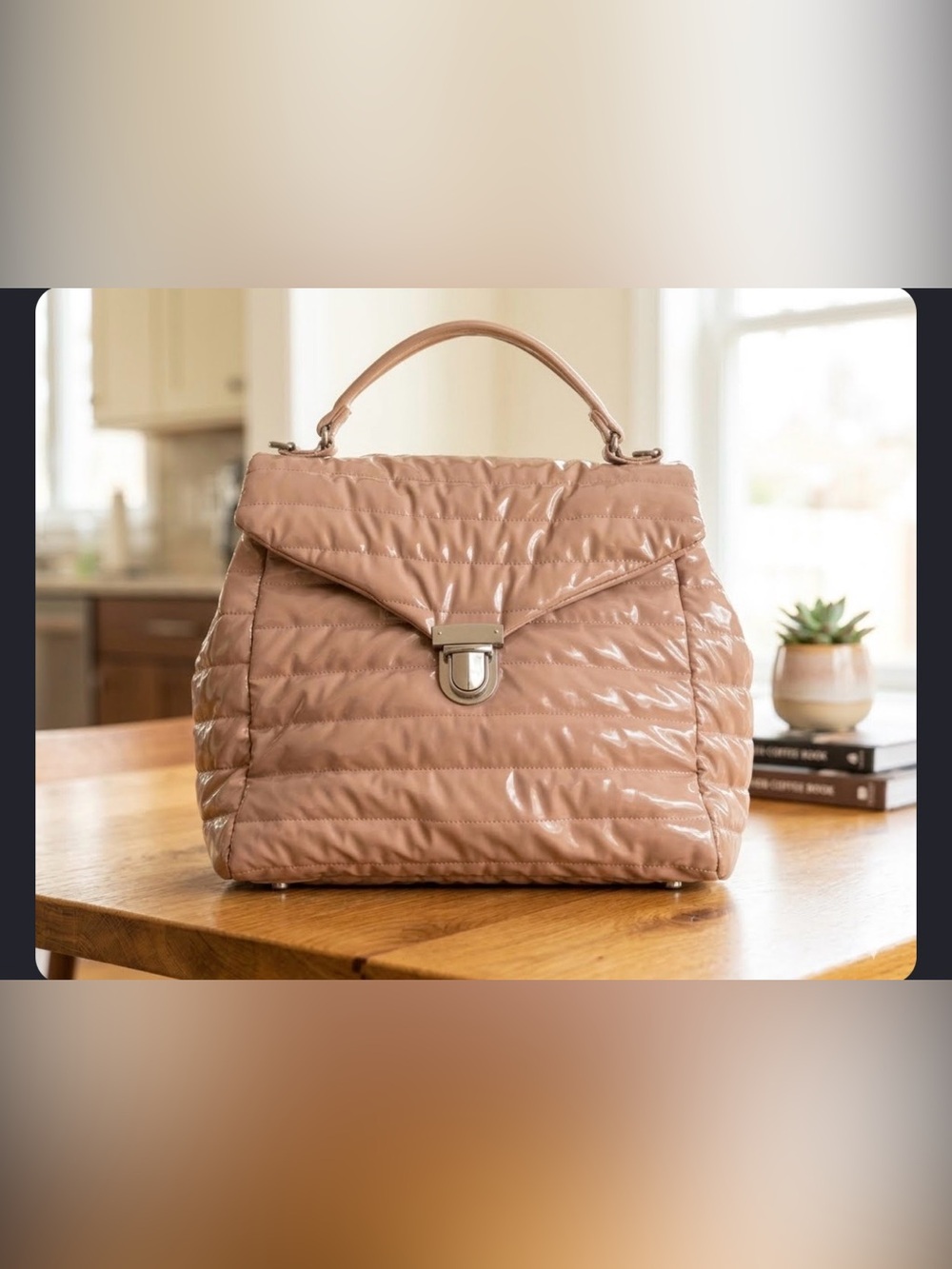 Think Royln Large The Evelyn Nude Patent Puffer Top Handle Satchel Bag Purse